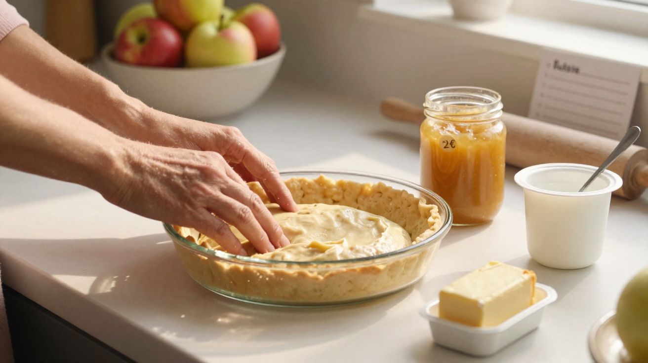 Mãos a fechar a massa de uma tarte numa forma de vidro sobre bancada de cozinha com manteiga e compota.