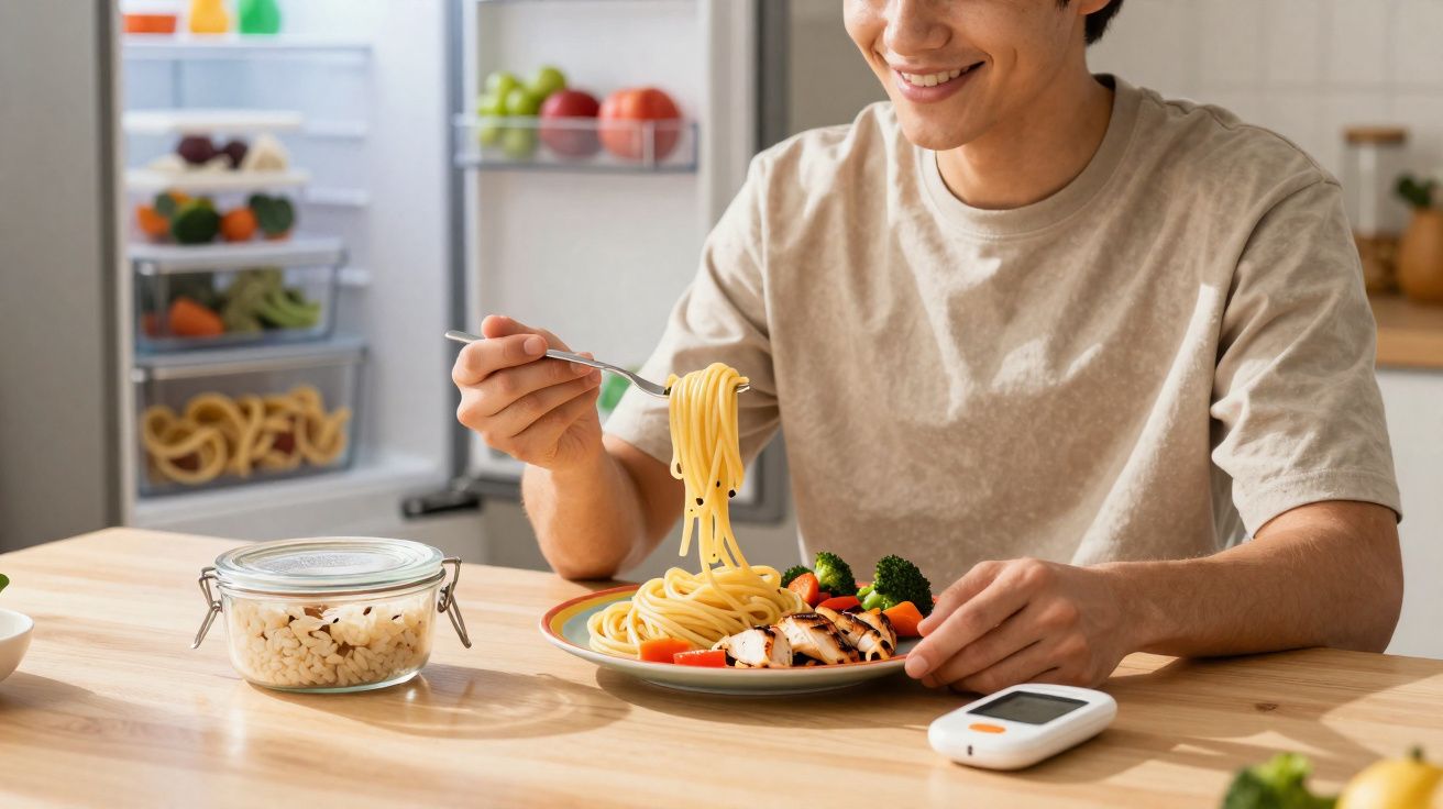 Pessoa a sorrir enquanto come esparguete com legumes e frango à mesa de cozinha.