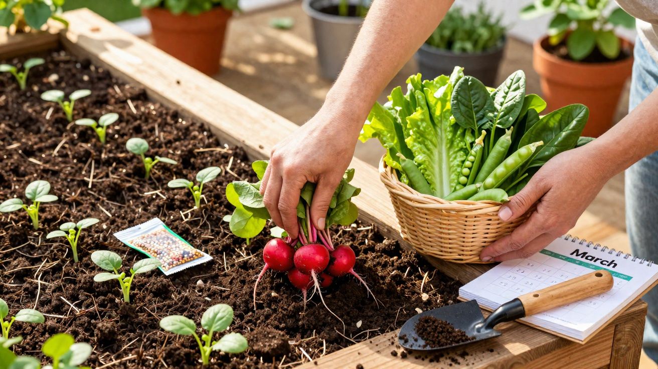 Mãos colhendo rabanetes frescos numa horta, com cesta de legumes e calendário ao lado.