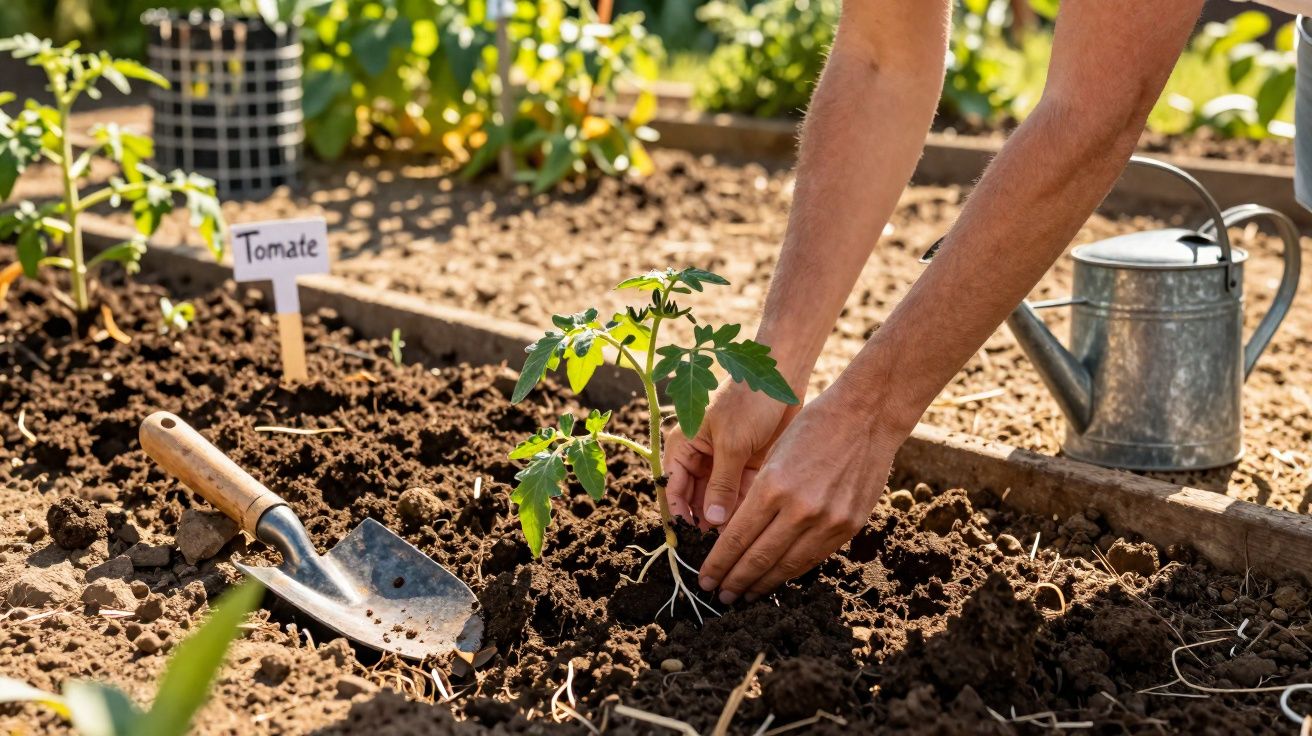 Pessoa a plantar uma muda de tomate num canteiro com uma enxada e regador ao lado.