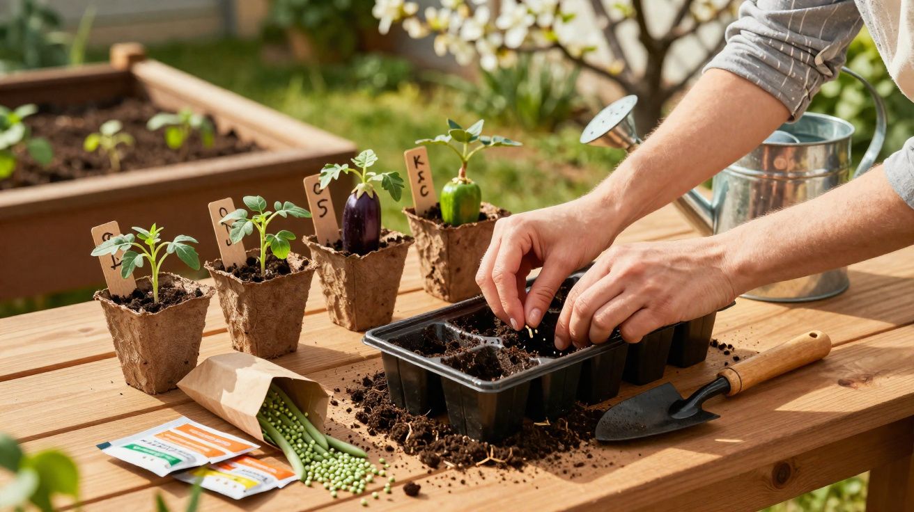 Pessoa a plantar sementes em tabuleiro de germinação com vasos e sementes numa mesa de madeira ao ar livre.