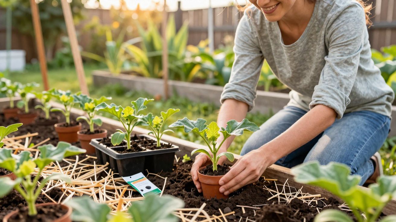 Mulher a plantar muda num vaso num jardim com outras plantas em vasos ao redor ao pôr do sol.