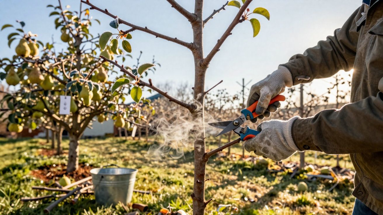 Pessoa a podar ramo de árvore jovem num pomar durante o dia com luvas de trabalho e tesoura de poda.