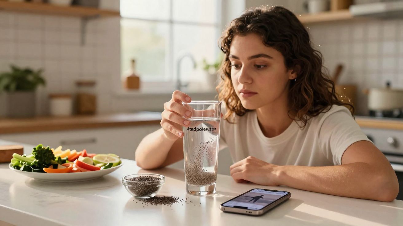 Mulher sentada na cozinha segurando um copo de água com sementes de chia, legumes e telemóvel na mesa.