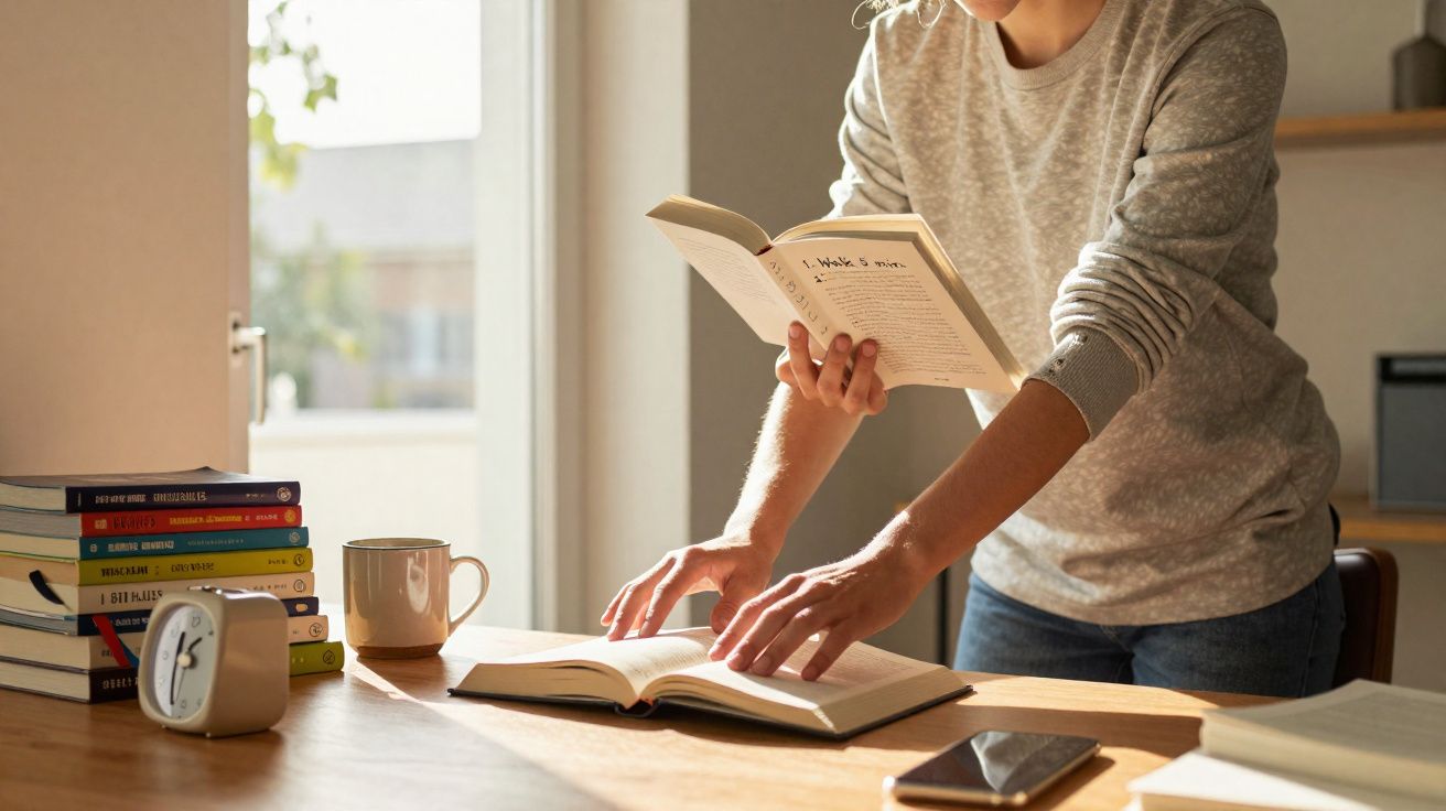 Pessoa em pé a ler um livro e a folhear outro sobre uma mesa com vários livros, relógio, caneca e telemóvel.