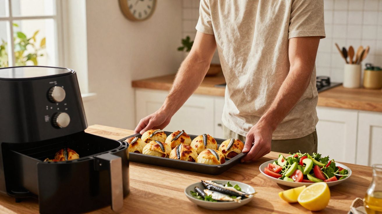 Homem a tirar pão recheado quente de frigideira elétrica numa cozinha moderna com salada e limão na bancada.