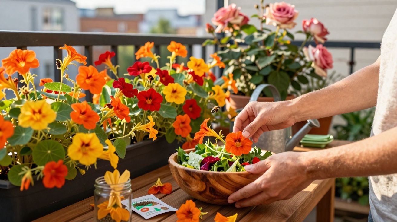 Pessoa a colocar flores comestíveis coloridas numa salada numa varanda com outras plantas ao fundo.