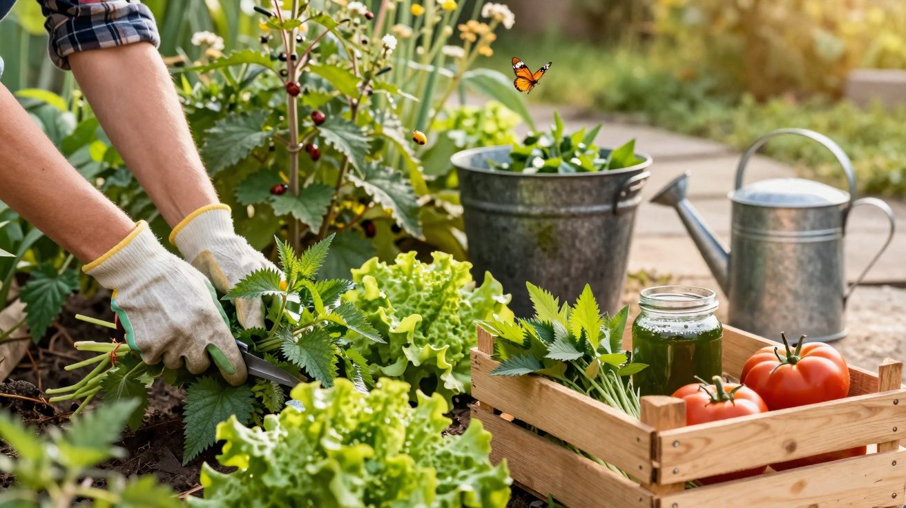 Mãos a podar plantas num jardim com alfaces, tomates, regador, balde e borboleta ao fundo.