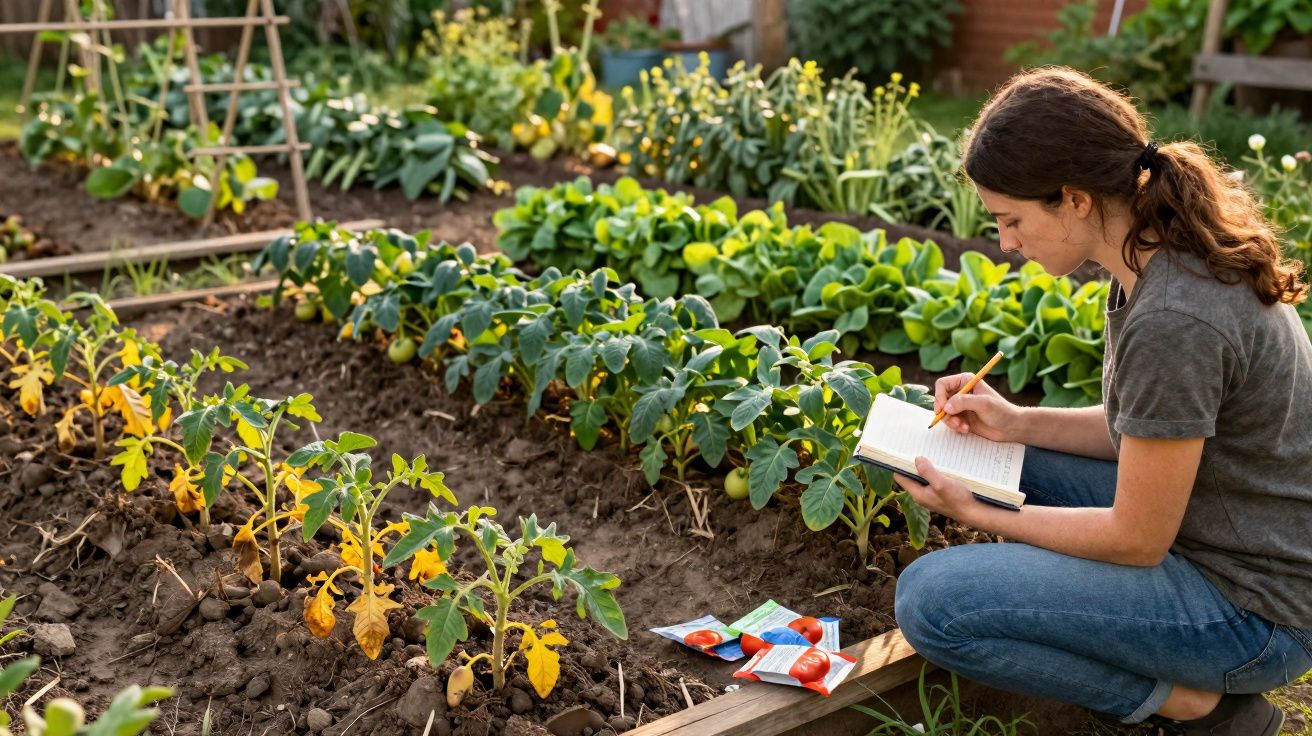 Mulher a fazer anotações num caderno enquanto observa plantas em crescimento num horto urbano.
