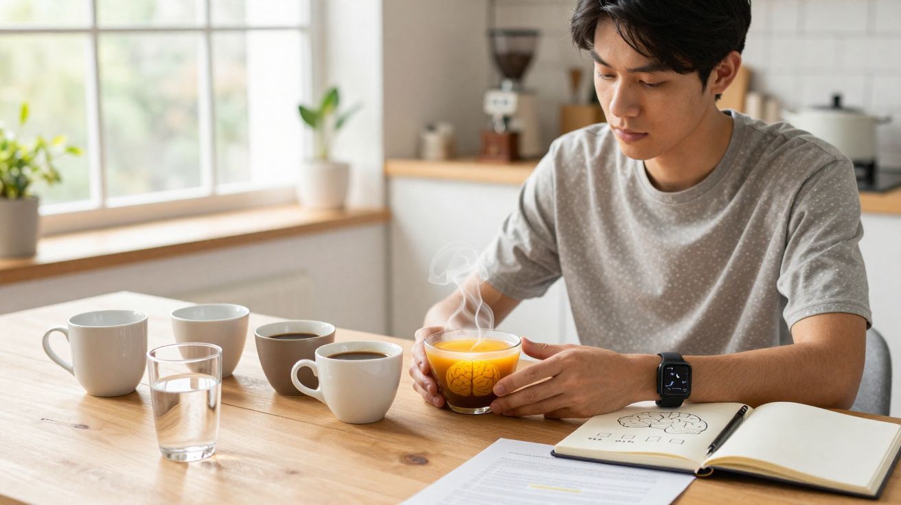 Homem sentado à mesa com várias chávenas e caneca de chá quente nas mãos num ambiente luminoso.
