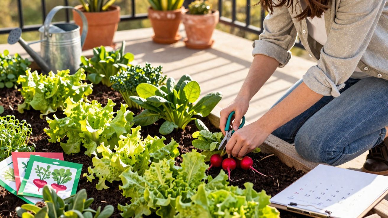 Mulher a colher e aparar rabanetes numa horta com plantas verdes e calendário numa varanda exterior.