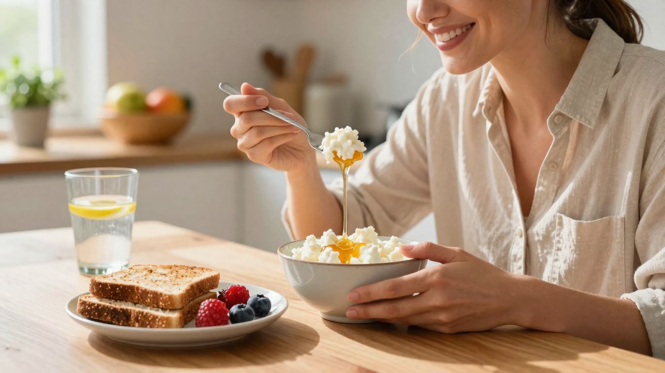 Mulher sorridente a comer iogurte com mel, torradas e frutos vermelhos na mesa numa cozinha luminosa.