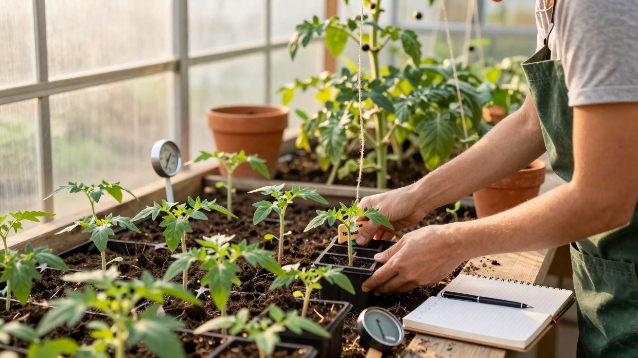 Pessoa a cuidar de plantas jovens em estufa com caderno e termómetro na bancada de madeira.