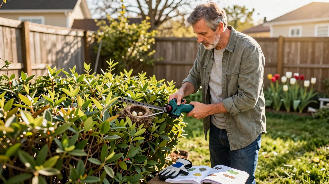 Homem a podar arbusto enquanto descobre um ninho com ovos, no jardim de uma casa.