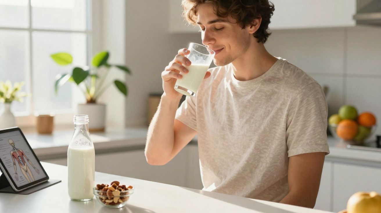 Jovem a beber um copo de leite na cozinha, com tablet e tigela de frutos secos na mesa.
