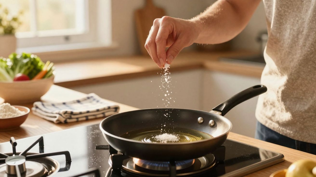 Pessoa a temperar com sal óleo numa frigideira sobre fogão numa cozinha iluminada.
