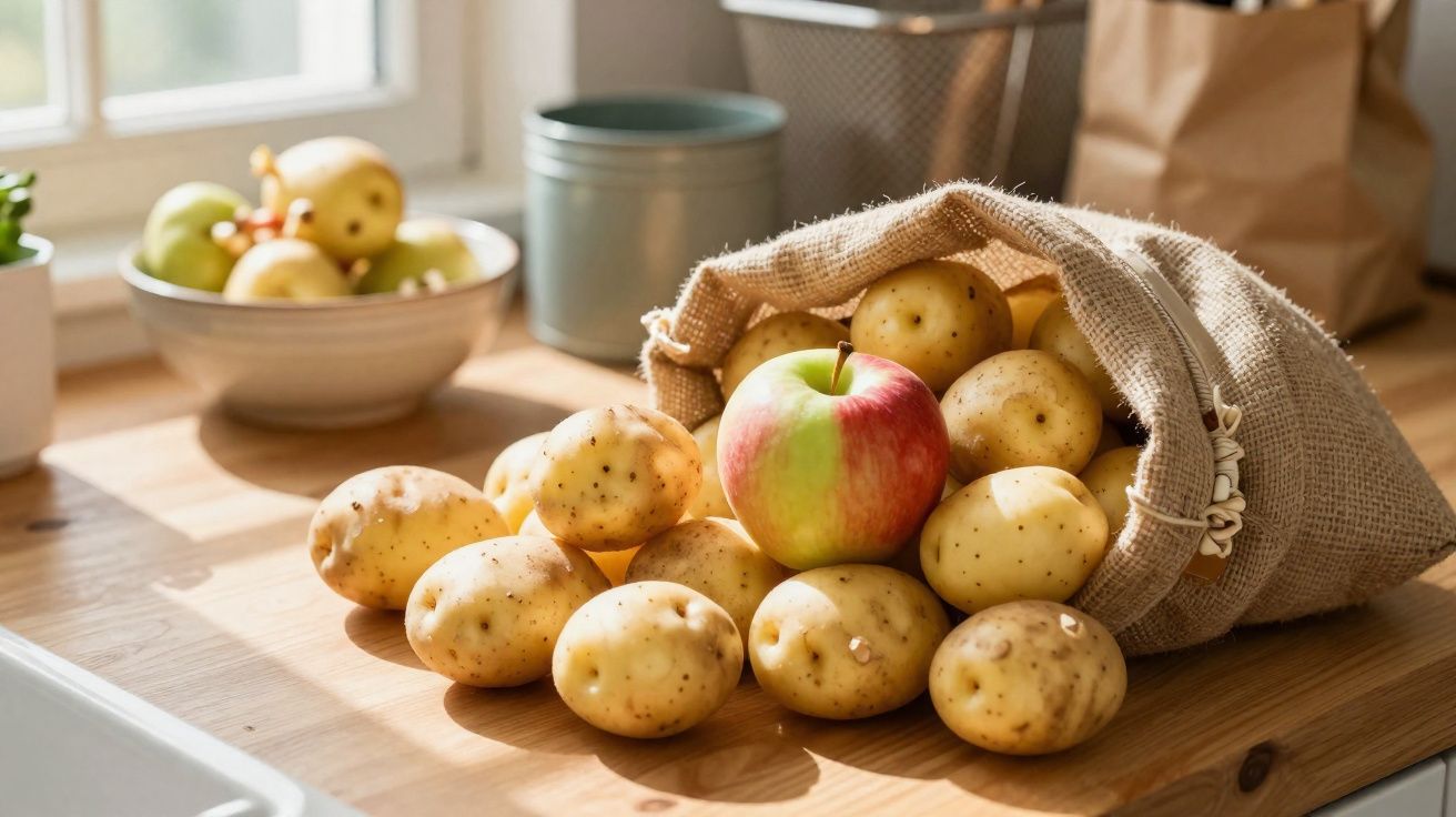 Batatas espalhadas sobre uma bancada de madeira com uma maçã no meio e um saco de juta aberto.