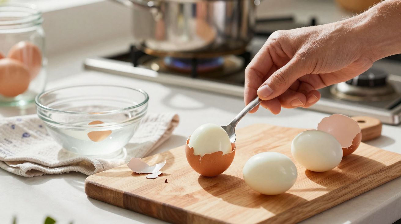 Pessoa a descascar ovos cozidos numa tábua de madeira numa cozinha moderna.