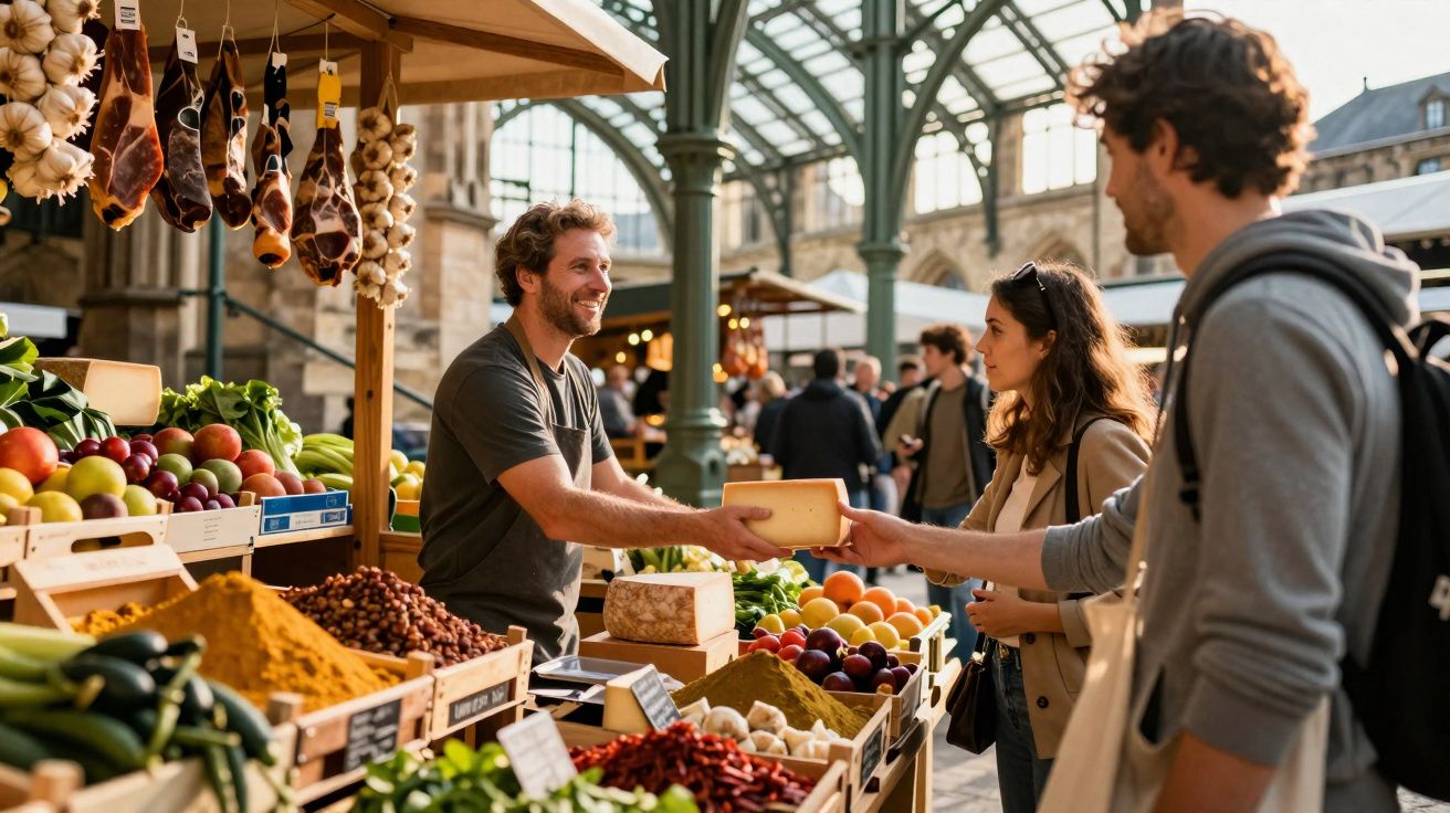 Mercado ao ar livre com vendedor a entregar queijo a cliente, rodeado de frutas, legumes e enchidos.