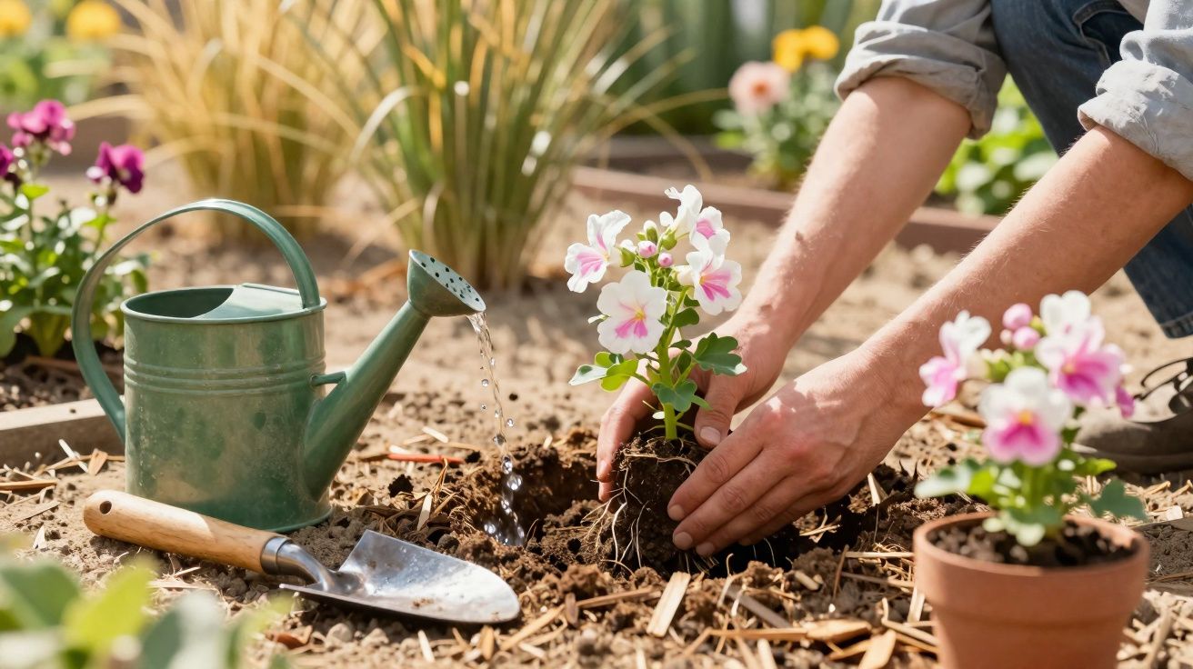 Pessoa a plantar flores cor-de-rosa num canteiro de jardim com regador verde e enxada.