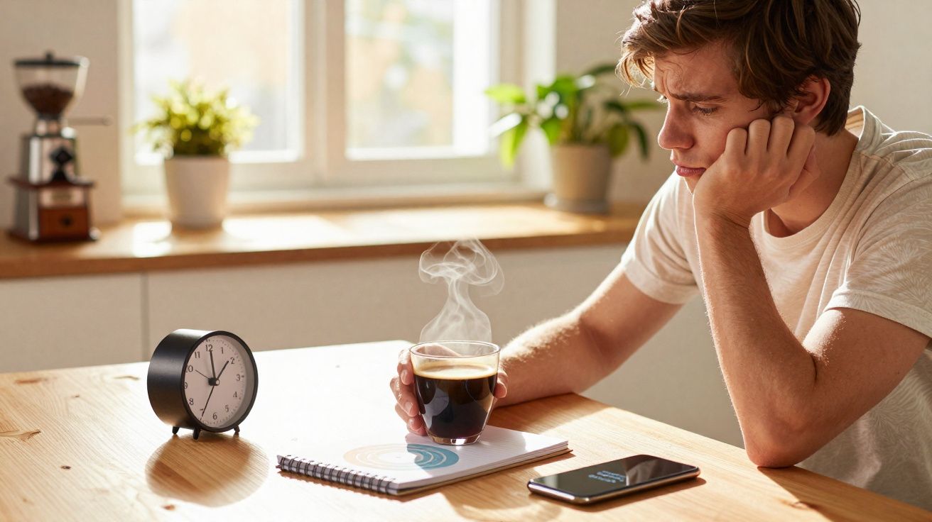 Jovem sentado à mesa com café quente na mão, relógio marcando sete horas e telemóvel à frente na cozinha iluminada.