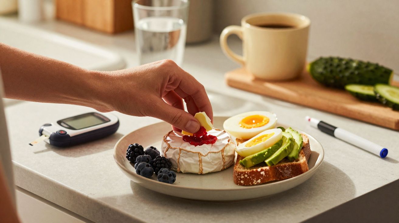 Mão a colocar manteiga em queijo, com amoras, mirtilos, pão com abacate e ovo cozido, medidor de glicose na bancada.