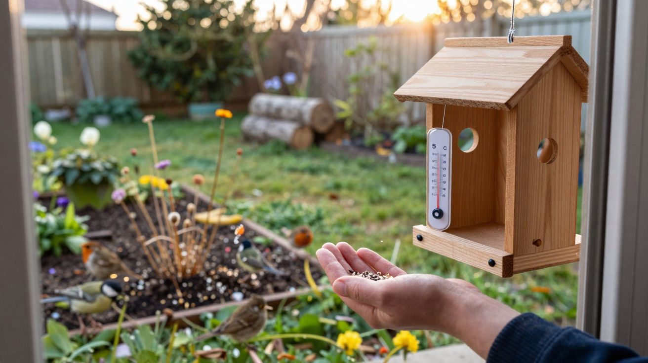 Mão alimenta pequenos pássaros junto a comedouro de madeira com termómetro numa varanda com jardim ao fundo.