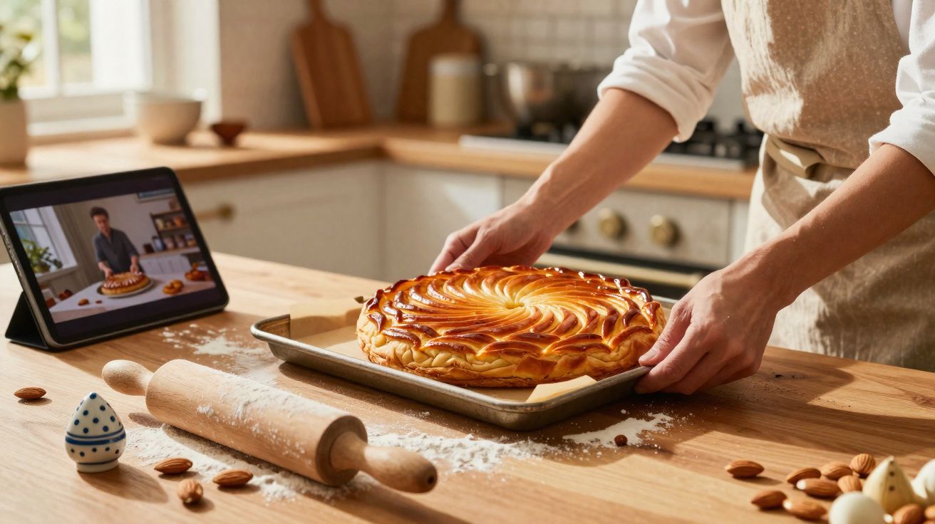 Pessoa a retirar uma tarte dourada do forno numa cozinha, com tablet a mostrar receita.