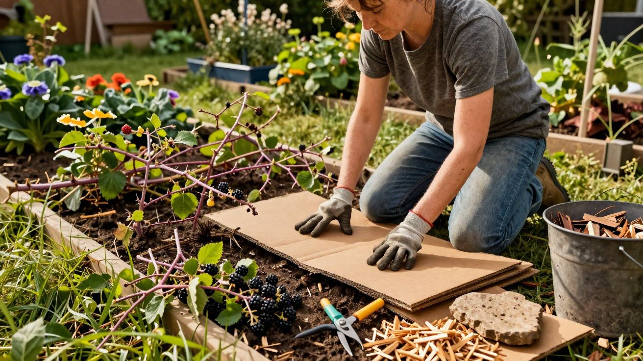 Pessoa a colocar cartolina numa horta com amoras, ao lado de ferramentas e pedaços de madeira e cortiça.