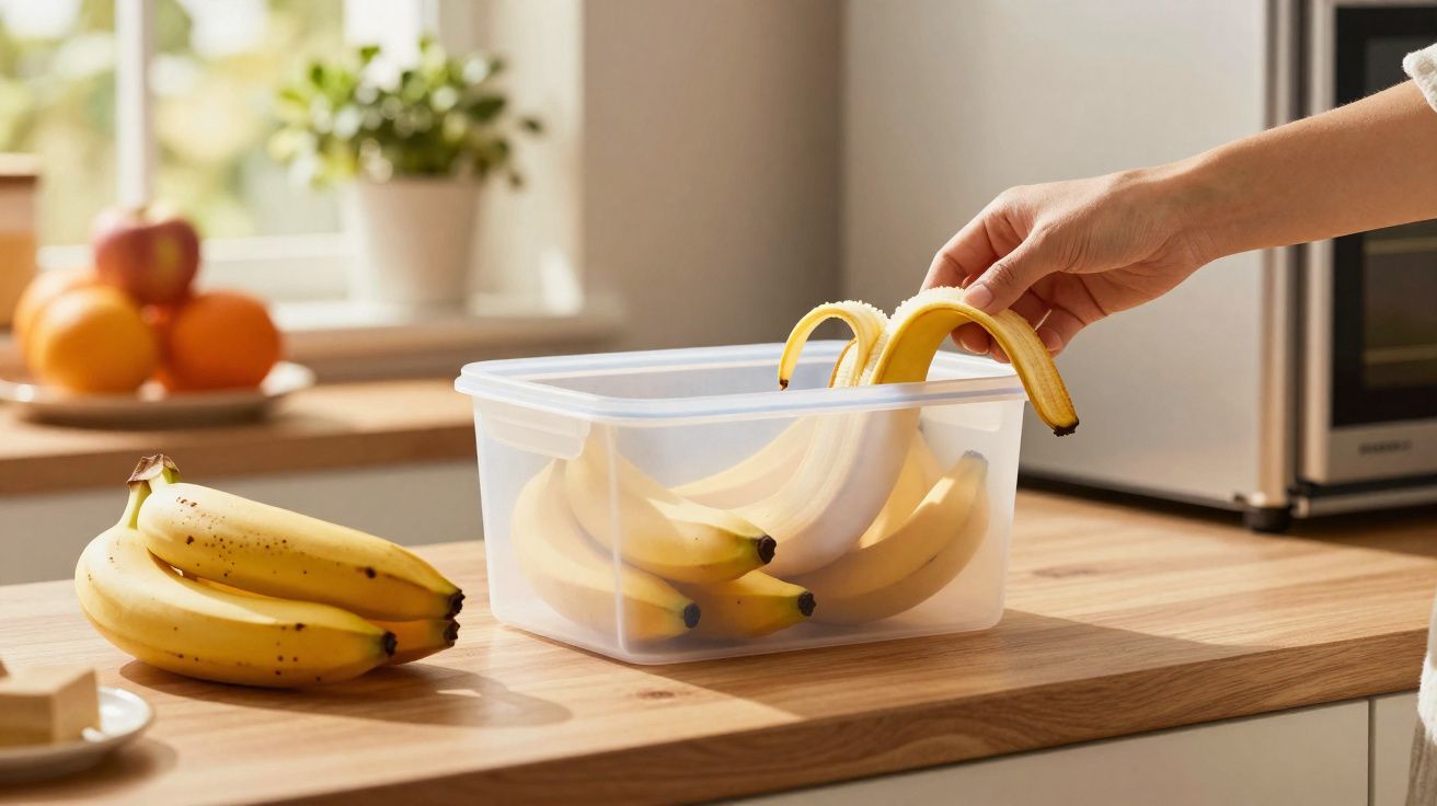 Pessoa a colocar bananas numa caixa plástica transparente numa bancada de cozinha luminosa.