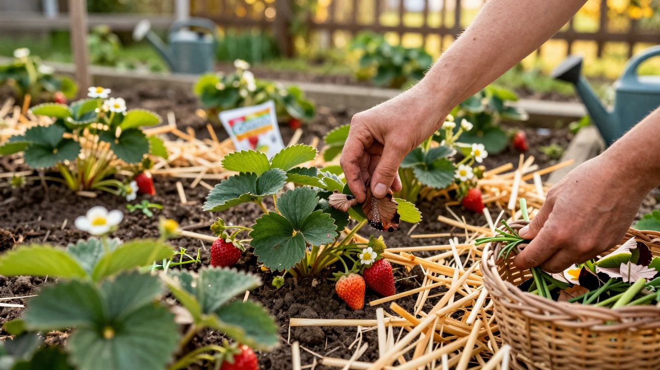 Mãos a colher morangos vermelhos maduros num jardim com flores brancas e folhas verdes.