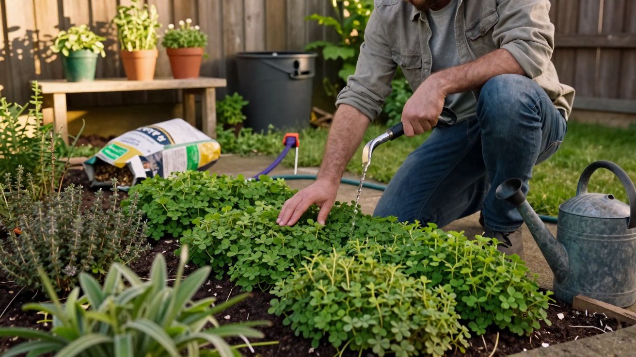 Homem a regar plantas numa horta urbana, rodeado de vasos e ferramentas de jardinagem.