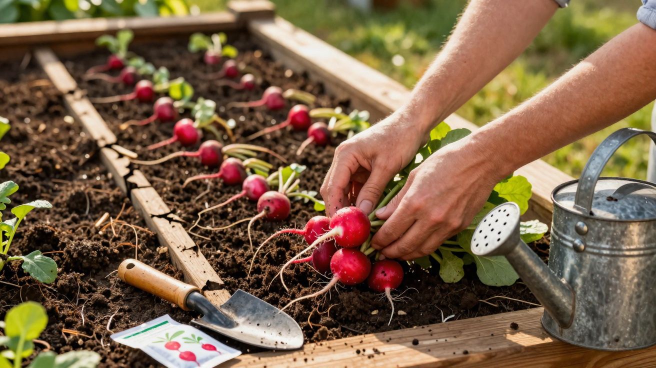Mãos a colher rabanetes vermelhos frescos numa horta com terra, regador e enxada ao lado.