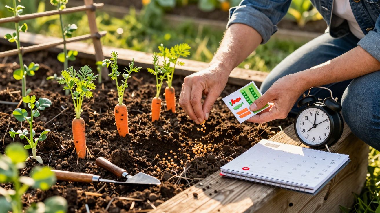 Pessoa a semear sementes num jardim com vários pés de cenoura, calendário e relógio ao lado.