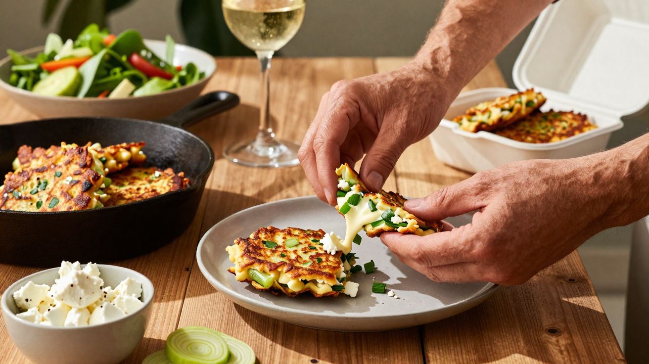 Mãos pegando rissóis de legumes com queijo derretido, salada, queijo fresco e vidro de vinho branco numa mesa.