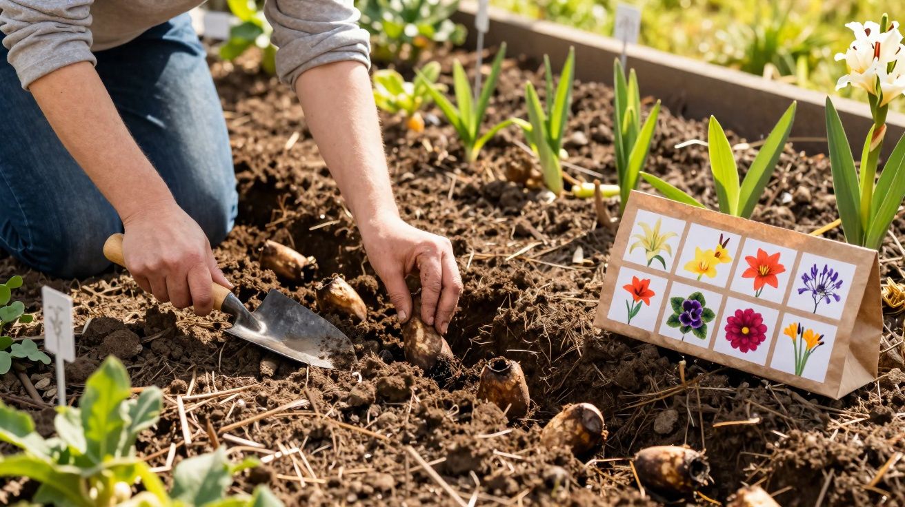 Pessoa a plantar bolbos de flores na terra num jardim com etiquetas coloridas de flores ao lado.