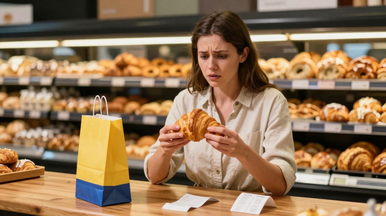 Mulher preocupada a segurar um croissant numa pastelaria com várias vitrines de pão ao fundo.