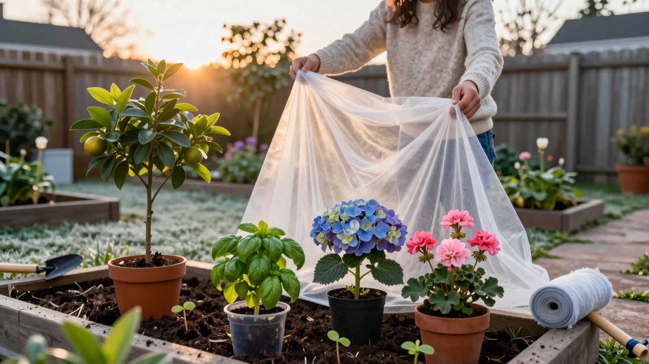 Pessoa a cobrir plantas em vaso com tecido leve num canteiro de jardim ao pôr do sol.