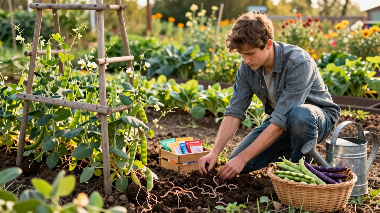 Homem a apanhar minhocas no solo de uma horta com cesto de legumes e regadora ao lado.