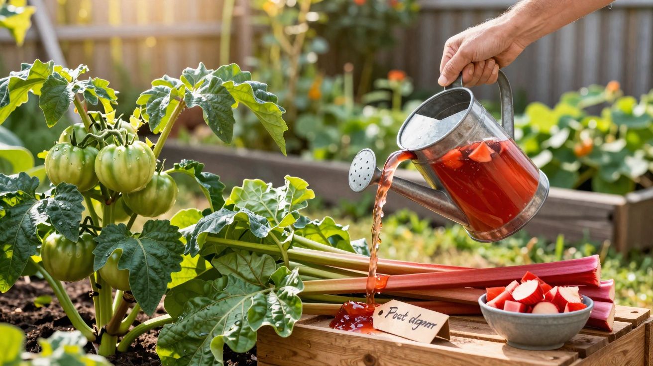 Regar plantas de ruibarbo num jardim com regador metálico cheio de chá de ruibarbo.