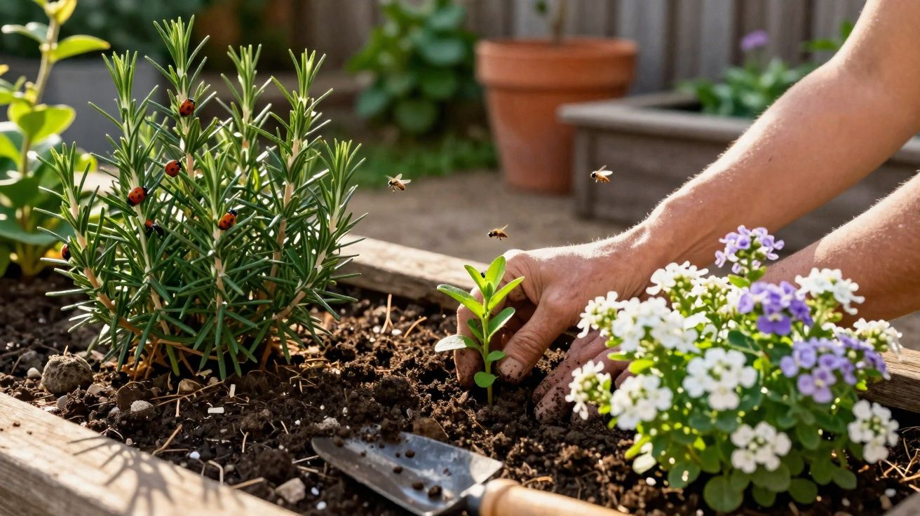 Mãos a plantar muda em canteiro com flores e ervas, várias joaninhas e abelhas a voar ao redor.