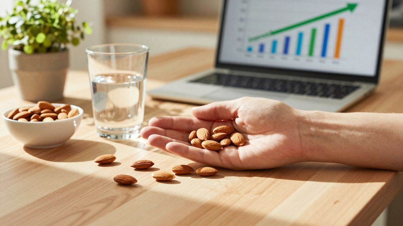 Mão segurando amêndoas sobre mesa com tigela, copo de água e portátil com gráfico de crescimento ao fundo.