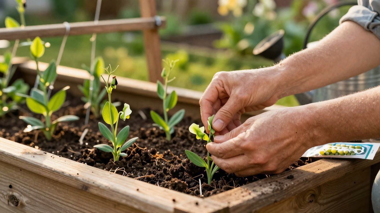 Mãos a cuidar de pequenas plantas verdes com flores brancas num canteiro de madeira ao ar livre.