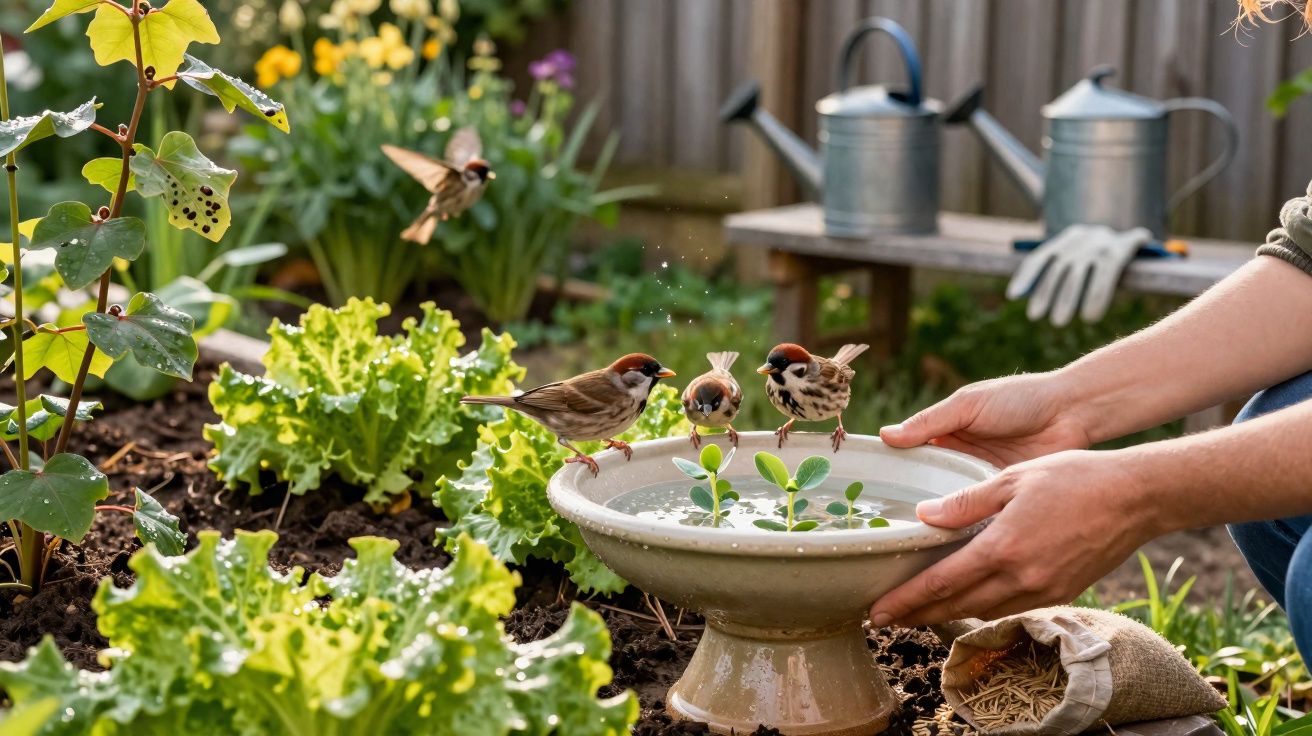 Pássaros bebendo água de um bebedouro num jardim com hortaliças e regadores ao fundo.
