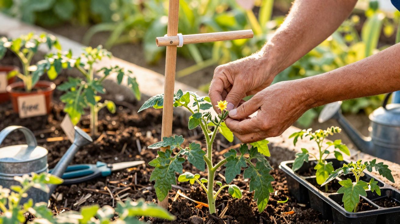 Mãos a cuidar de planta de tomate com flores no jardim, rodeadas de ferramentas de jardinagem.