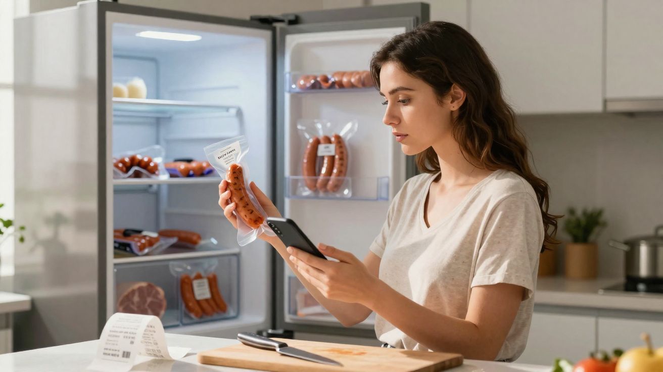 Mulher com telemóvel na mão verifica embalagem de salsichas junto à porta aberta do frigorífico na cozinha.