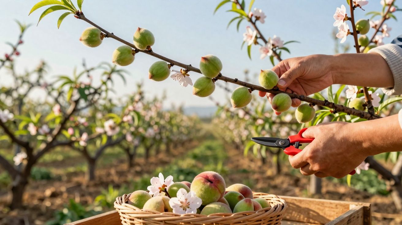 Pessoa a colher pêssegos verdes numa pomar com tesoura de poda ao amanhecer.