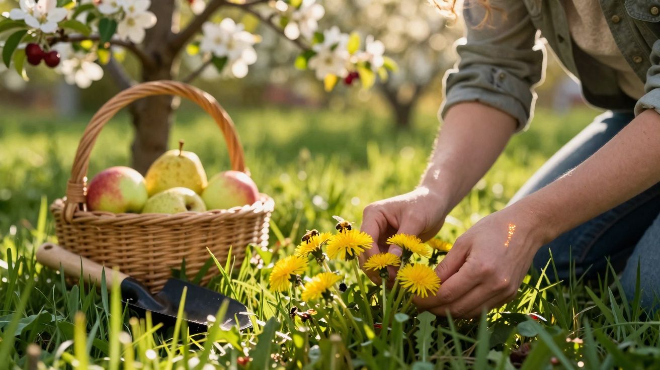 Pessoa apanha flores amarelas perto de cesta com maçãs e pera em pomar florido.