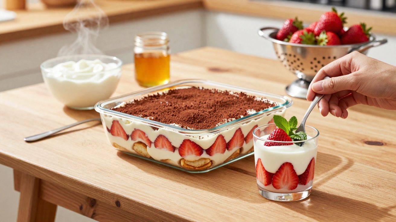 Sobremesa de morango com camadas de creme e bolacha, servida em taça e travessa de vidro, sobre mesa de madeira.