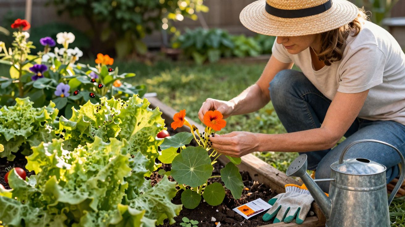Mulher a cuidar de flores num jardim, com regador e luvas perto dela, num dia ensolarado.